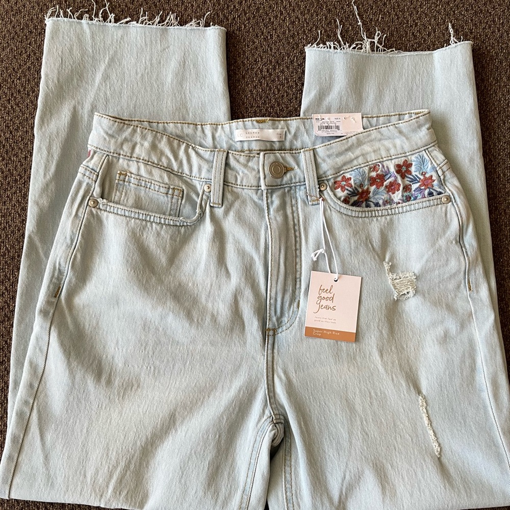 LC Lauren Conrad Light Blue High Rise Jeans with Floral Embroidery
